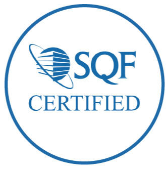 SQF Certified logo with a blue circular border, a globe with orbit lines, and text indicating certification.
