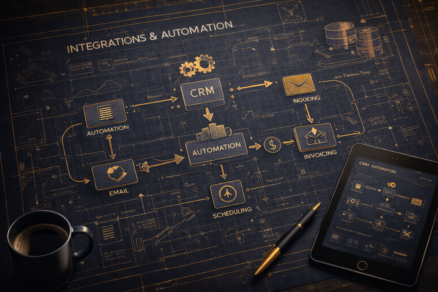 A blueprint diagram illustrating a CRM automation process with interconnected steps including email, scheduling, invoicing, and integrations. It features icons like gears, email, dollar sign, and a robot, with a tablet displaying the same diagram and a cup of coffee nearby.