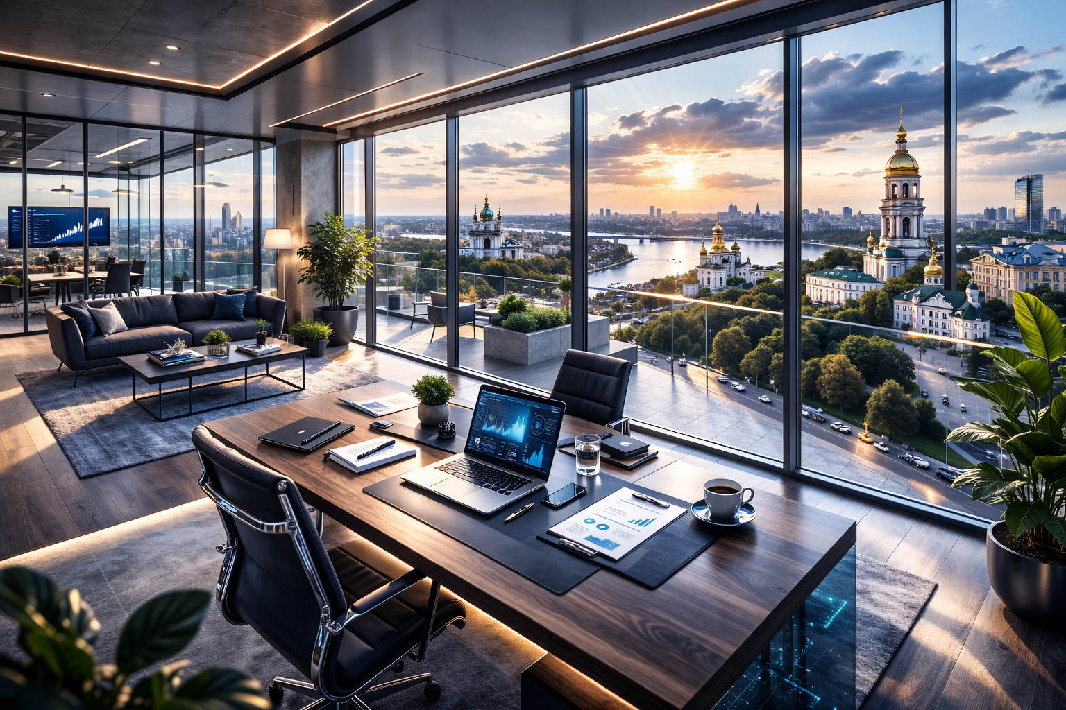 Modern office with a view of a cityscape at sunset, large glass windows, a wooden desk with a laptop and documents, a conference table, a sofa, plants, and a glass-walled meeting room.