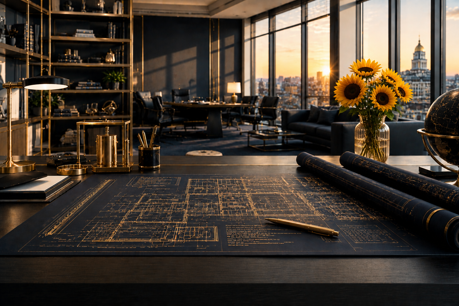 A modern office with a large desk featuring architectural blueprints, gold-accented desk accessories, a pen, and a vase of sunflowers, with a city skyline view at sunset through floor-to-ceiling windows.