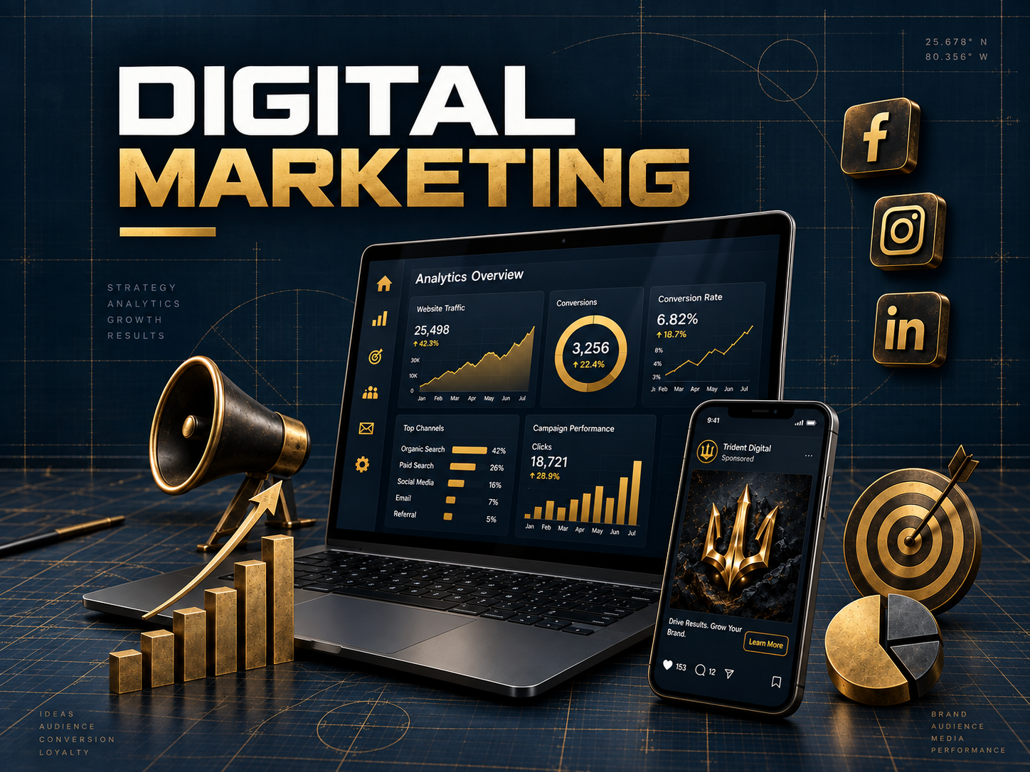 Digital marketing concept with a laptop, smartphone, megaphone, and gold graphical elements displaying analytics, growth charts, social media icons, and target symbols.