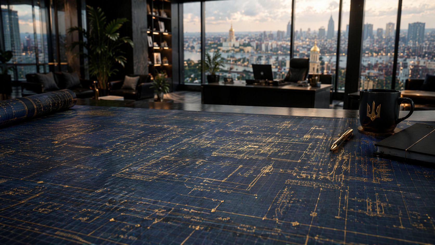 A large table with blue and gold architectural blueprints, a gold and black pen, a black mug with a gold emblem, and a black notebook, in a high-rise office with floor-to-ceiling windows overlooking a cityscape at sunset.