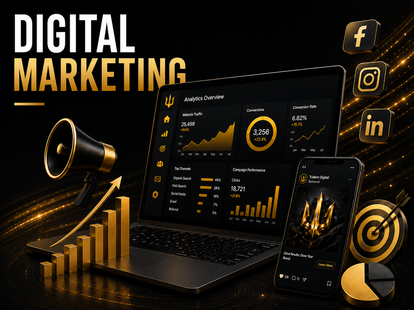Digital marketing analytics dashboard displayed on a laptop and smartphone, with icons of Facebook, Instagram, LinkedIn, and various charts and graphs; gold and black color scheme, with a megaphone, upward arrow, and target symbols.