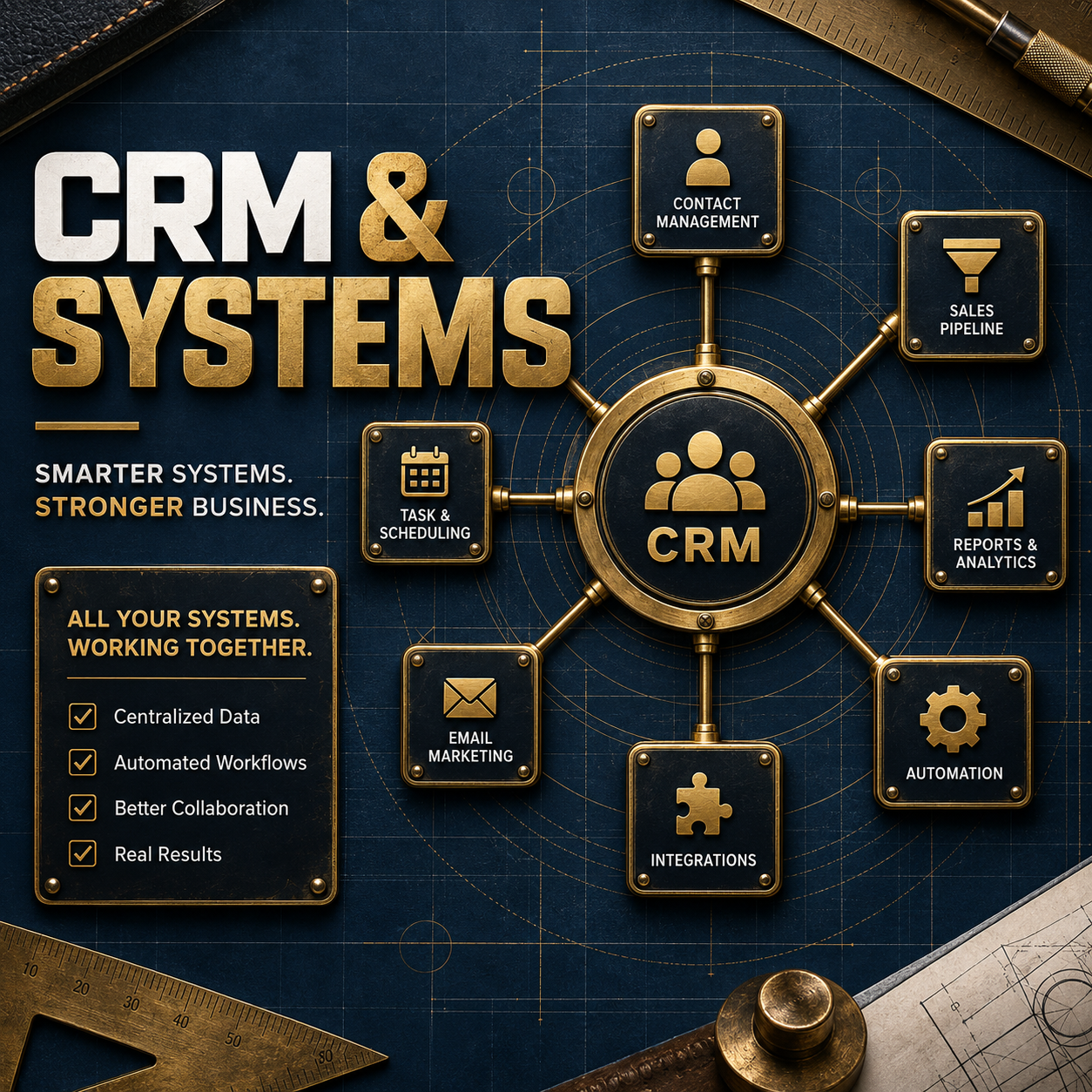 Diagram of CRM and system integration with icons for contact management, sales pipeline, reports & analytics, automation, integrations, email marketing, task & scheduling, and central data, on a blue background with gold accents.