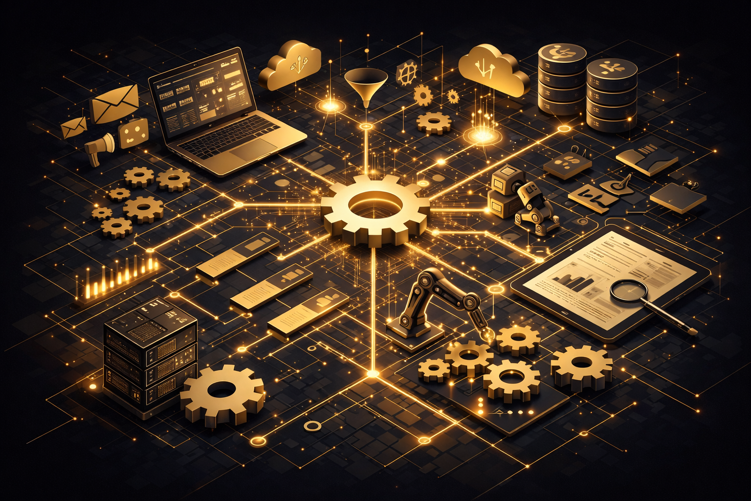 A digital illustration of technological and industrial concepts with interconnected gears, a robot arm, a laptop, cloud icons, data servers, documents, a magnifying glass, and various digital icons, all in a glowing gold color scheme.
