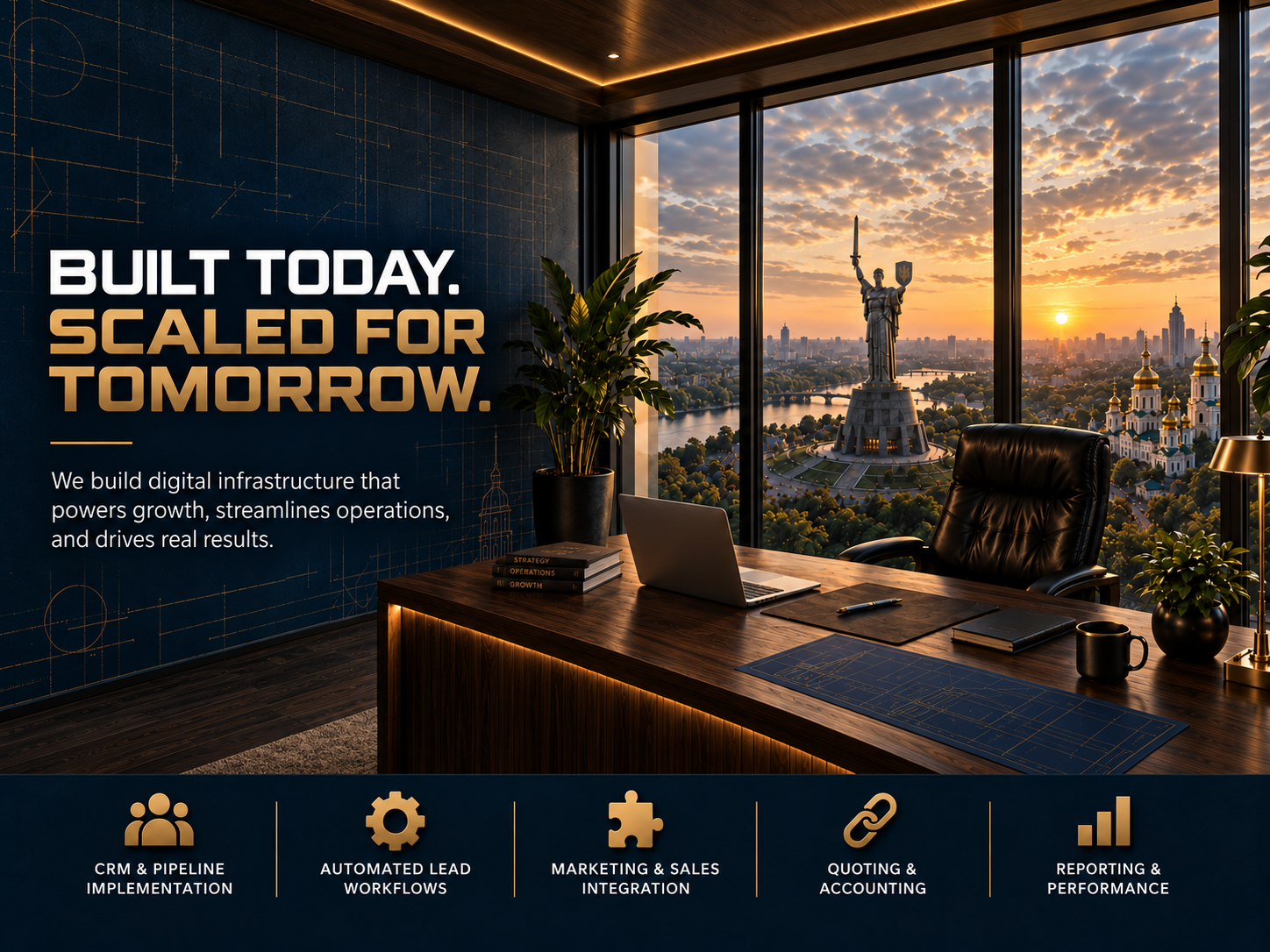 A modern office with a large window showing a cityscape at sunset, a statue of a woman holding a sword and shield, plants, a desk with a laptop, books, a notebook, a pen, a mug, and decorative lighting. The wall has a blue blueprint design and there's a motivational message about building digital infrastructure for future growth.