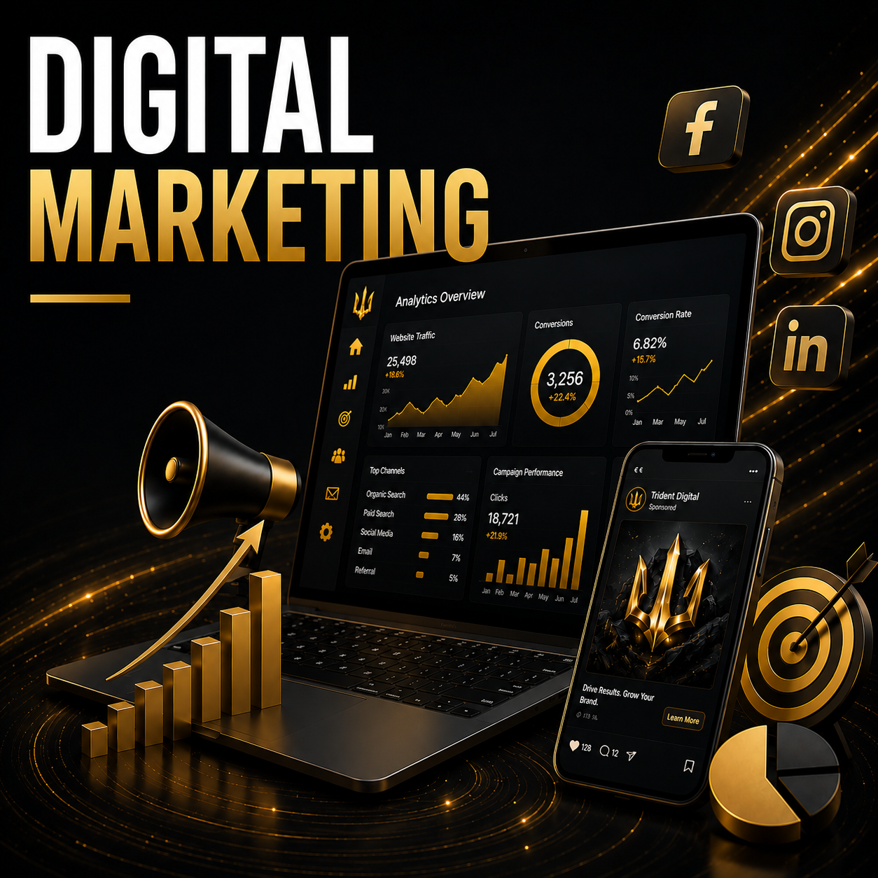 Digital marketing concept with laptop and smartphone displaying analytics dashboards, surrounded by social media icons, a target with an arrow, a pie chart, and a billboard with a rising bar graph and megaphone.