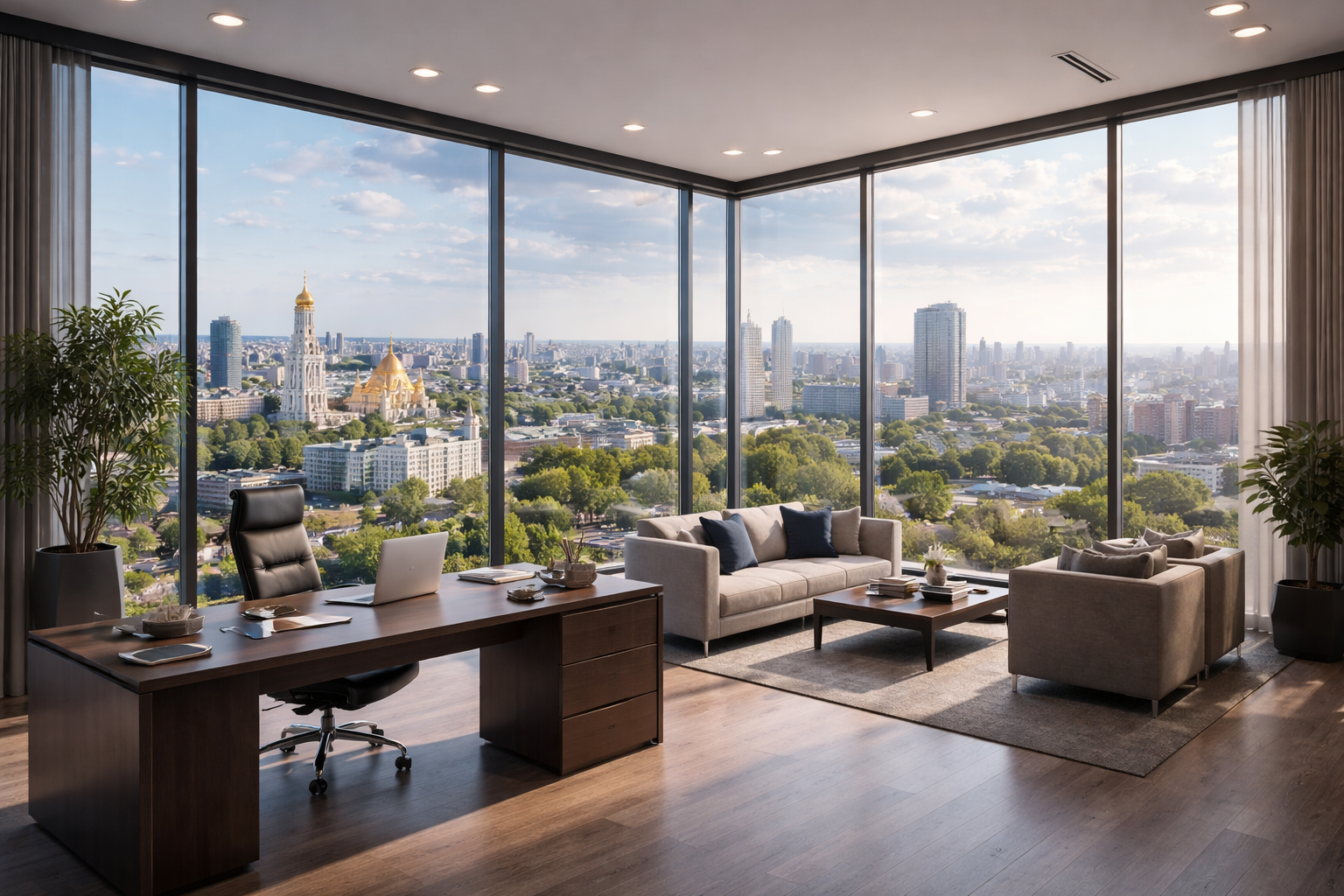 Modern office with large floor-to-ceiling windows, a wooden desk with a black office chair, and a seating area with sofas and a coffee table, overlooking a city skyline with tall buildings and green trees.