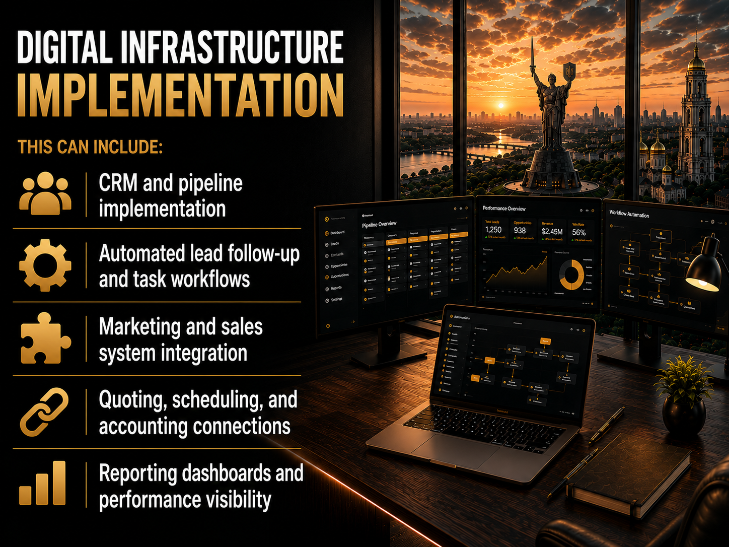 A promotional digital graphic for digital infrastructure implementation showing computer screens with business analytics dashboards set against a sunset cityscape, with a statue of liberty in the background. Bullet points list features including CRM implementation, automated workflows, system integration, accounting connections, and performance dashboards.