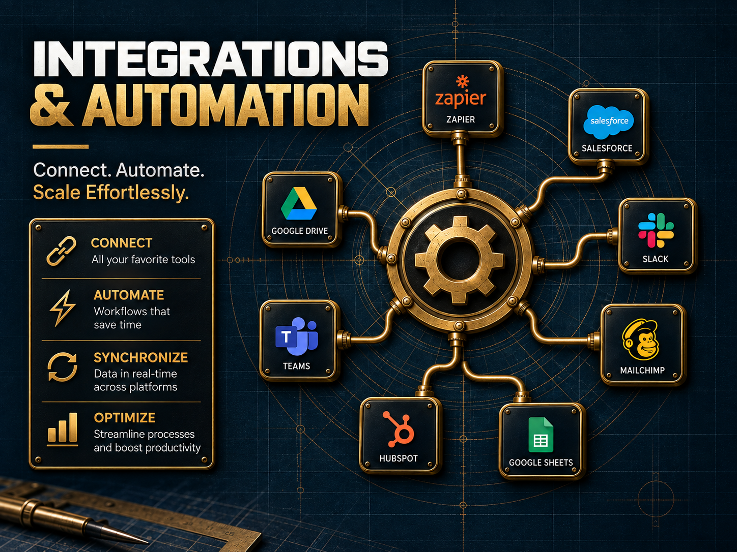 Infographic showing integrations and automation tools connected around a central gear, including Zapier, Salesforce, Slack, Mailchimp, Google Sheets, HubSpot, Teams, and Google Drive, with a side legend explaining the benefits of connecting, automating, synchronizing, and optimizing workflows.