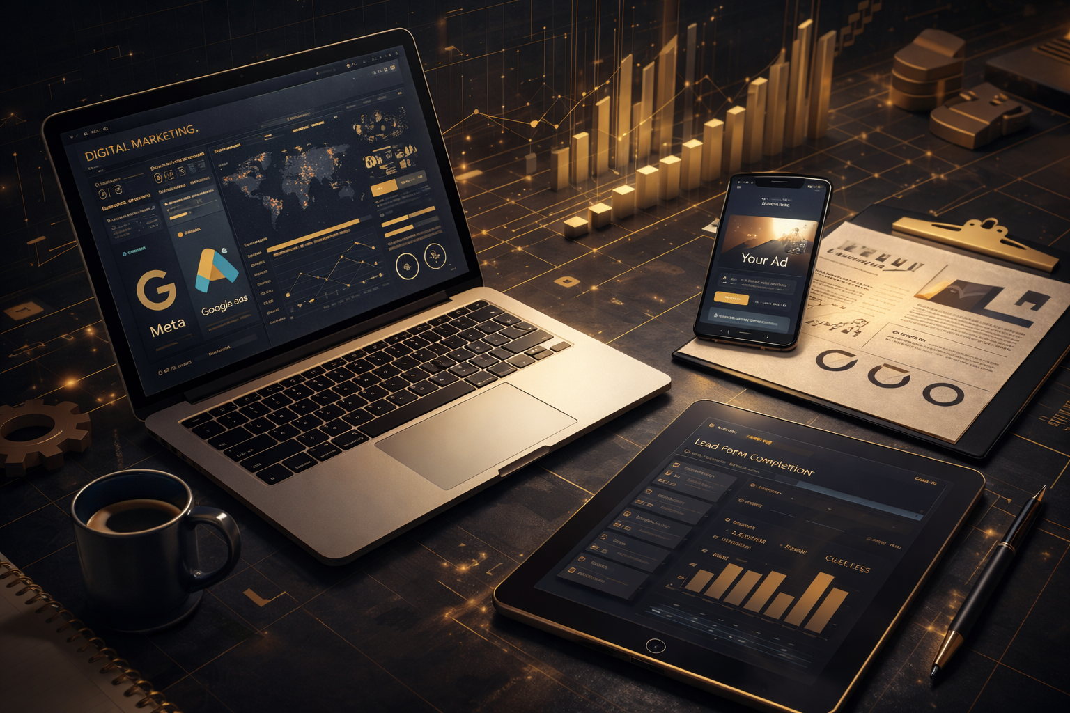 A workspace with a laptop, a tablet, a smartphone, a cup of coffee, and a newspaper, all displaying digital marketing analytics and graphs on dark-themed screens.