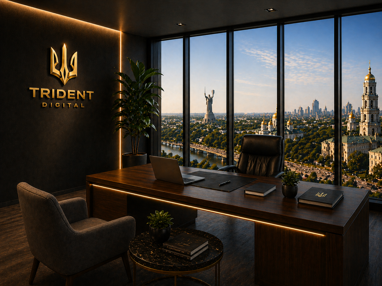 An office with a dark wall featuring a gold logo that says 'TRIDENT DIGITAL'. The office has a large window showing a cityscape with landmarks including the Motherland Monument and Saint Michael's Golden-Domed Monastery in Kyiv, Ukraine. There is a wooden desk with an open laptop, a pen, two folders, and a small potted plant. A leather chair is behind the desk, and a gray upholstered chair and a small round table with books and another potted plant are in the foreground.