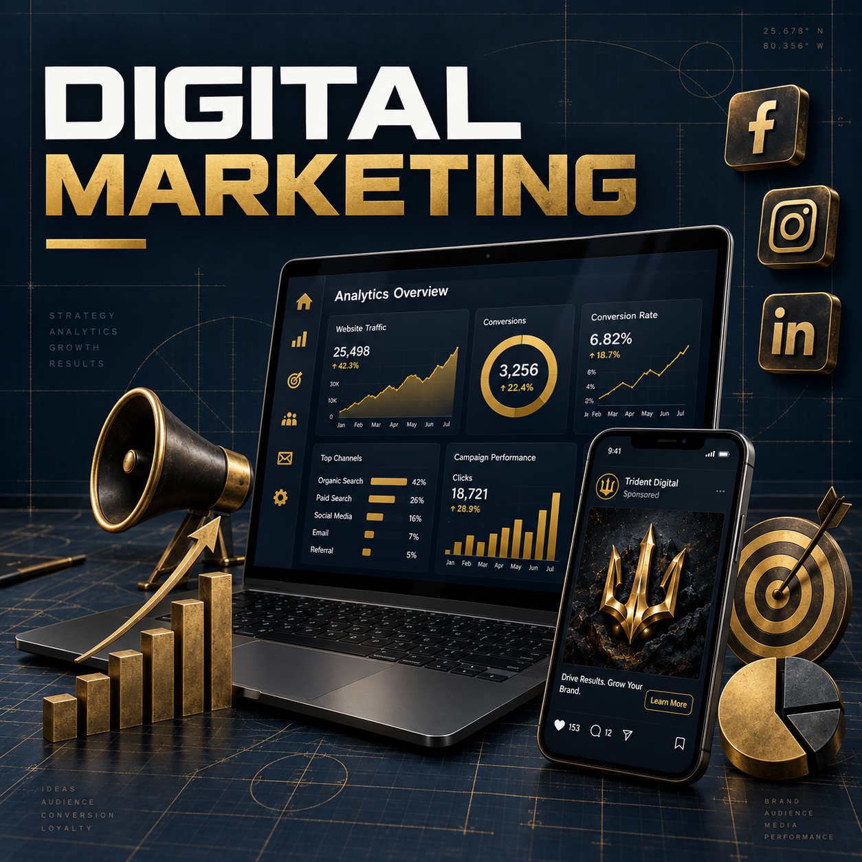 A digital marketing setup with a laptop displaying analytics data, a smartphone showing a sponsored post, a megaphone, a gold arrow pointing upward, a bar graph, a target with an arrow, and social media icons for Facebook, Instagram, and LinkedIn.
