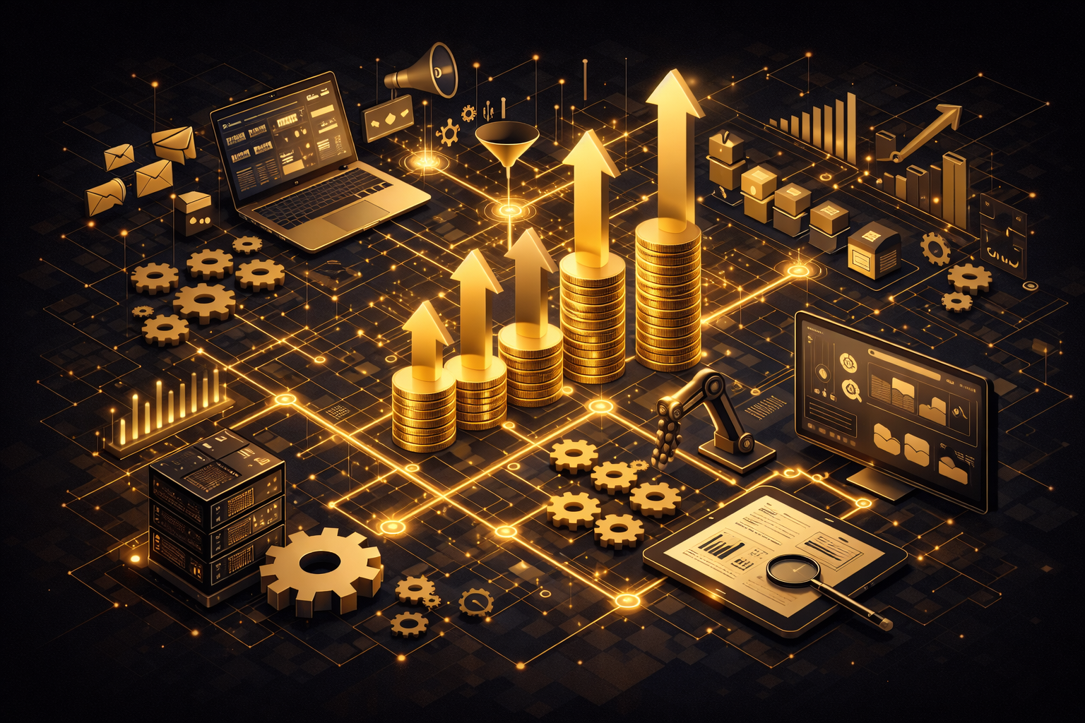 Digital illustration of financial growth with stacked coins and upward arrows, surrounded by charts, gears, a laptop, and technological icons in gold and black.