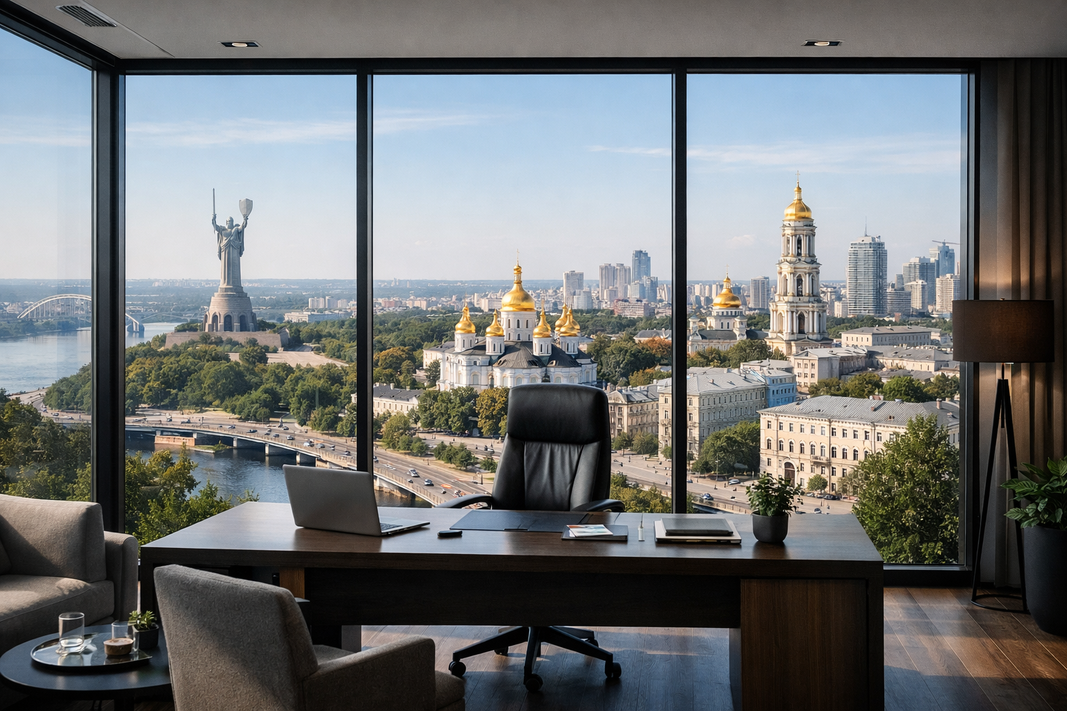 Office with large windows overlooking the cityscape of Kyiv, Ukraine, with the Motherland Monument and St. Michael's Golden-Domed Monastery visible in the distance.