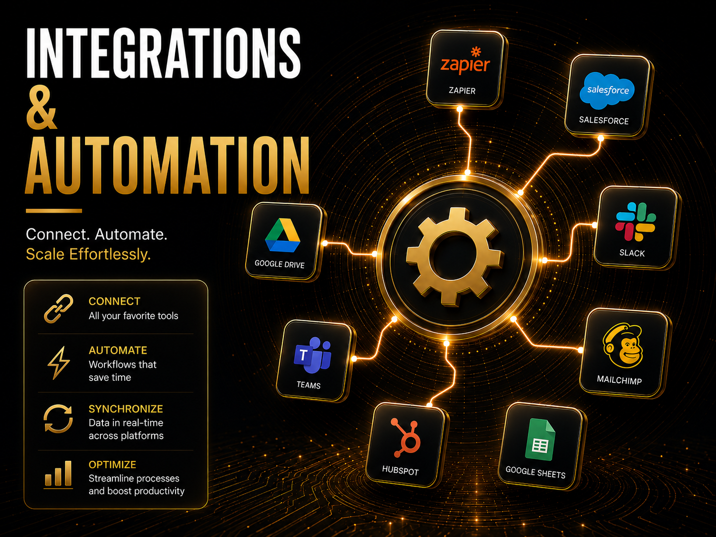 A digital graphic showing integrations and automation with a central gear icon connected to various business tools including Zapier, Salesforce, Slack, Mailchimp, Google Sheets, HubSpot, Teams, and Google Drive. The background has a black and gold tech-themed design with text emphasizing connect, automate, synchronize, and optimize.