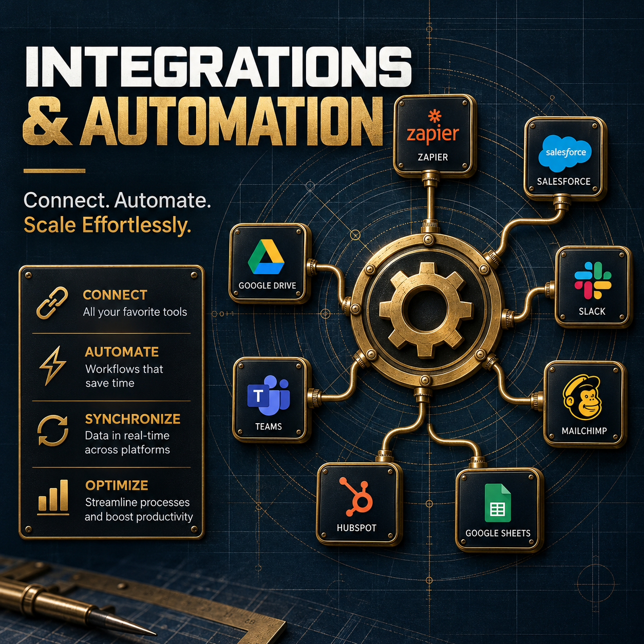 Diagram showing integration and automation of tools including Zapier, Salesforce, Slack, Mailchimp, Google Sheets, HubSpot, Teams, Google Drive, and TikTok, centered around a gear.