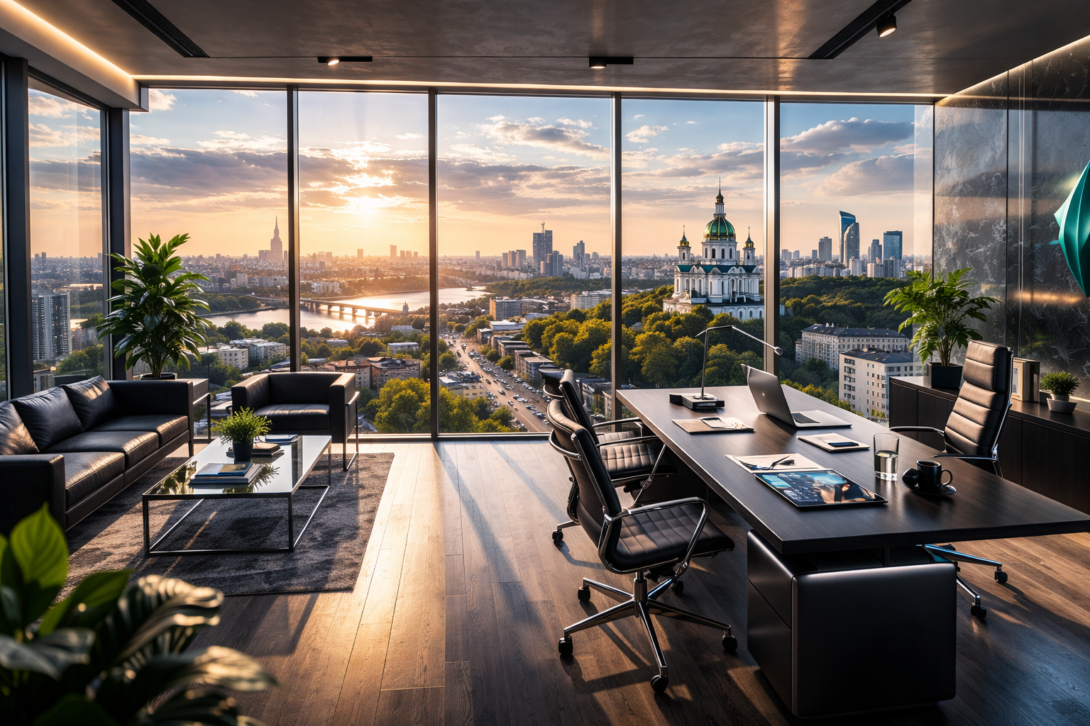 Office conference room with large windows showcasing a city skyline at sunset, with a mix of modern and historic buildings, trees, and a river visible outside. The room contains a black desk with laptops, notebooks, and office supplies, as well as black leather chairs, a black sofa, a glass-top coffee table with plants, and potted plants for decor.