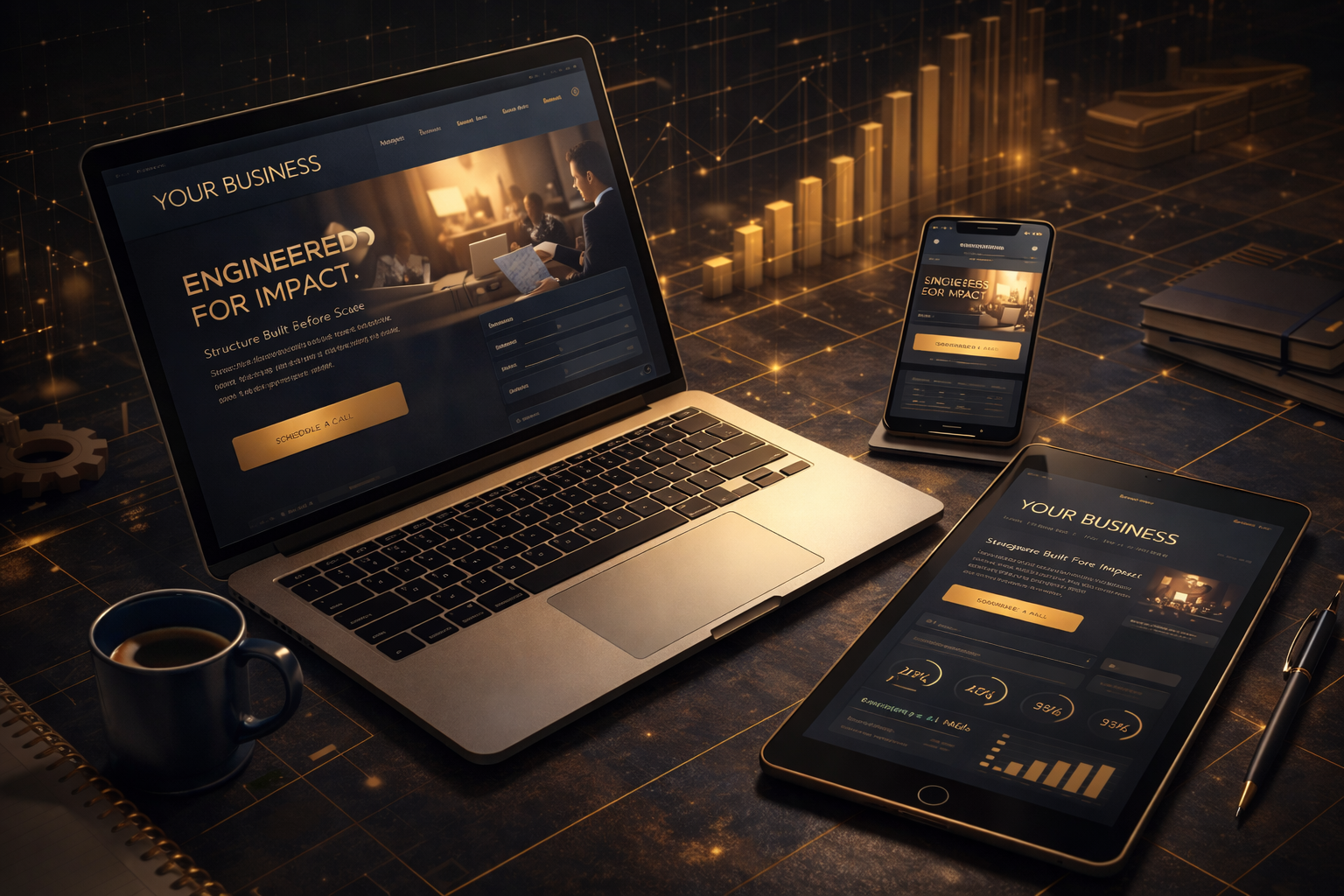 Multiple electronic devices displaying a business website, including a laptop, smartphone, and tablet on a dark desk with financial charts and a cup of coffee.