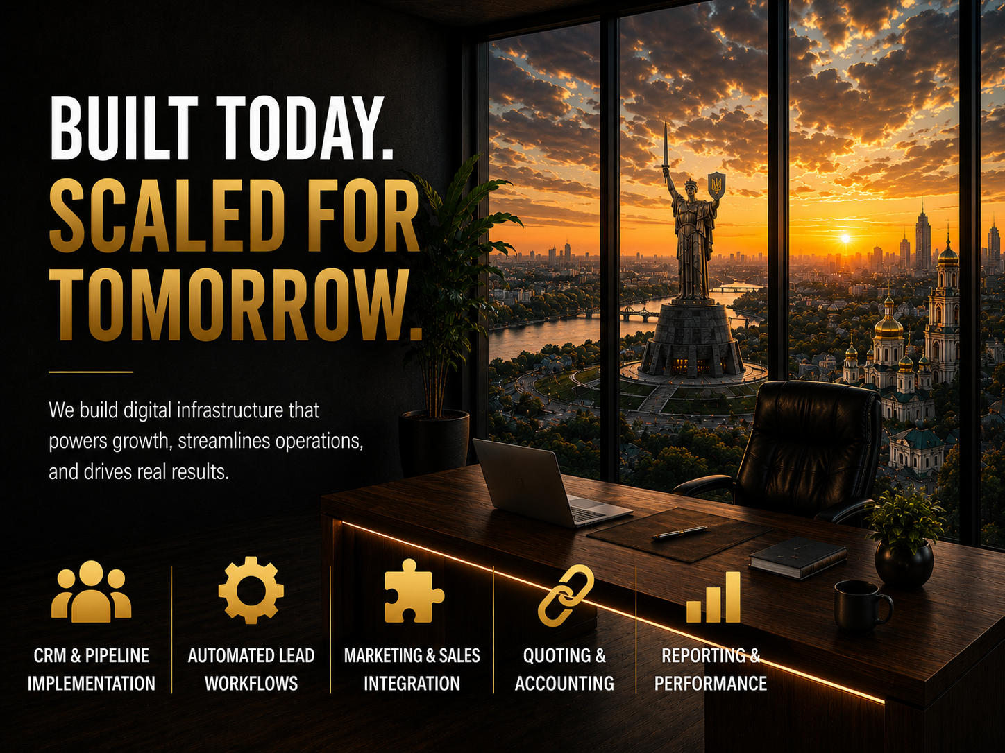 Office with a dark wall and large windows showing a sunset view of the city and the Statue of Liberty; text on the wall reads 'Built today. Scaled for tomorrow.'; office desk with laptop, notepad, pen, cup, and potted plant; icons and text at the bottom mention CRM & Pipeline Implementation, Automated Lead Workflows, Marketing & Sales Integration, Quoting & Accounting, and Reporting & Performance.
