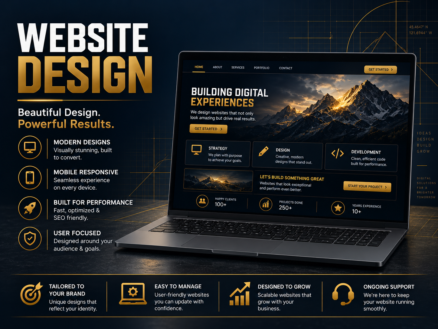 A promotional image for a website design service featuring a laptop with a mountainous landscape on the screen. The background is dark with gold accents, and the text highlights the service's benefits such as modern designs, mobile responsiveness, performance, and user focus.