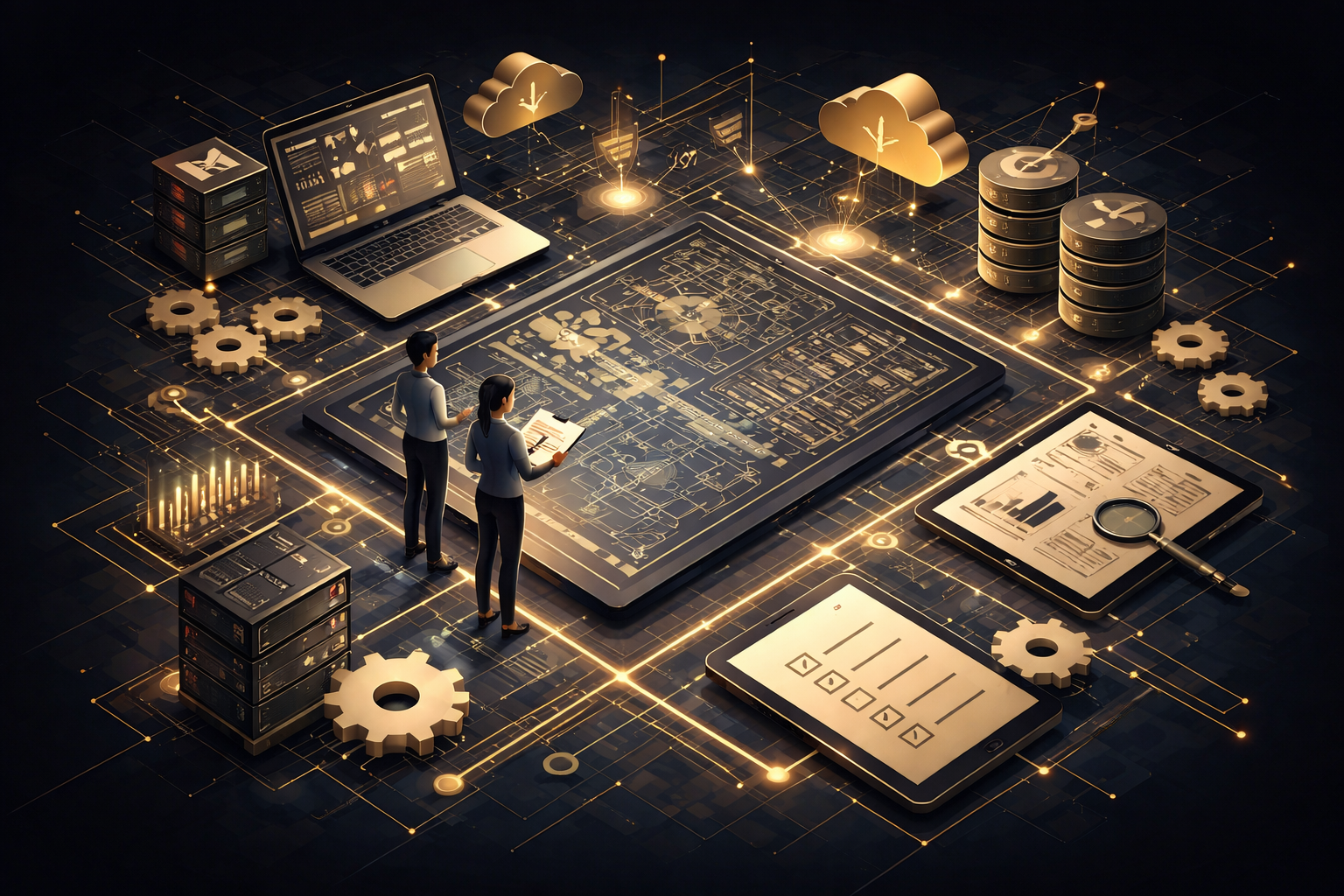Two business people analyzing digital technology and data on large tablet and multiple screens, surrounded by clouds, gears, cloud storage, magnifying glass, charts, and digital icons, in a dark futuristic setting.