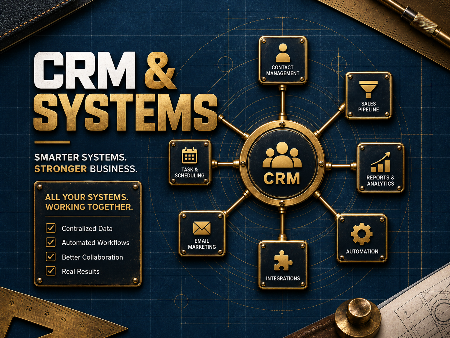 Graphic illustrating CRM and systems integration with central CRM icon connected to contact management, sales pipeline, reports & analytics, automation, integrations, email marketing, task & scheduling. Text highlights smarter systems and stronger business with all systems working together.