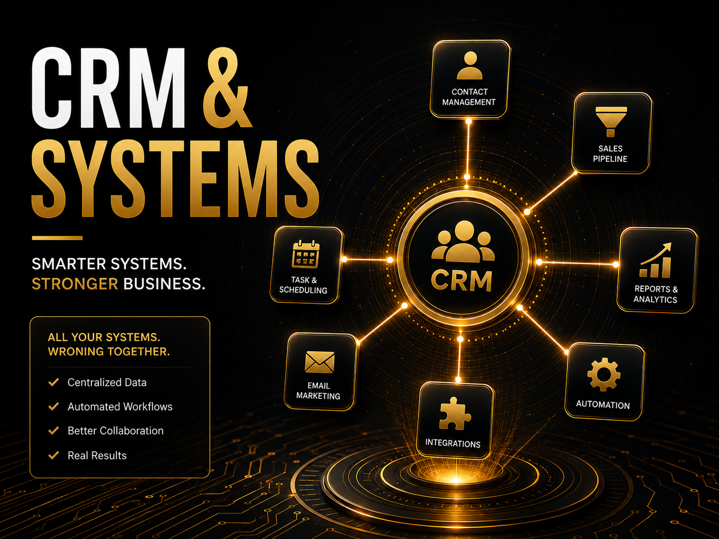 Graphic illustrating the integration of CRM and systems, with icons labeled Contact Management, Sales Pipeline, Reports & Analytics, Automation, Integrations, Email Marketing, Task & Scheduling, all connected to a central CRM hub, on a black background with gold accents.