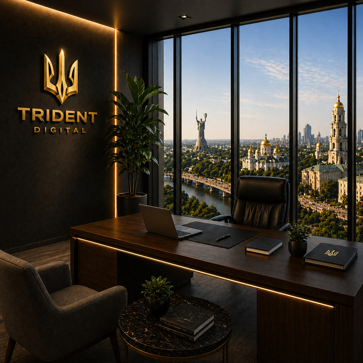 Modern office with a wooden desk, black leather chair, and a laptop, with a city view of the Statue of Liberty and a church through large windows.