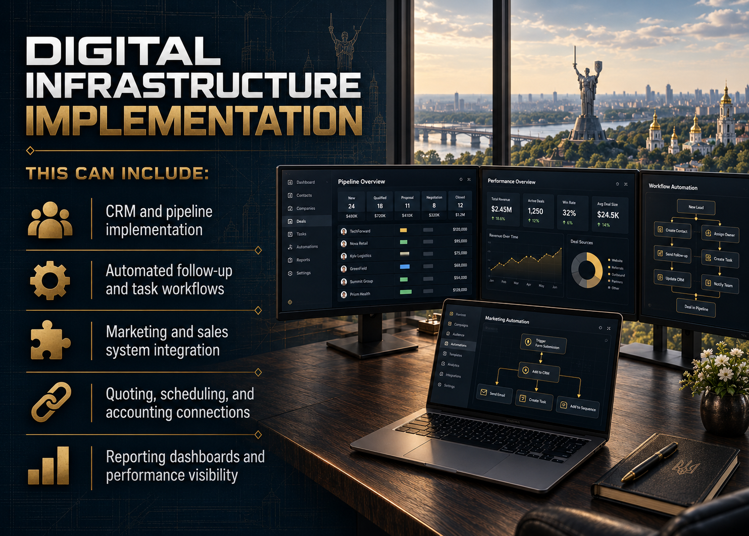 A presentation slide titled 'Digital Infrastructure Implementation' displays benefits such as CRM and pipeline implementation, automated follow-up and task workflows, marketing and sales system integration, quoting, scheduling, and accounting connections, and reporting dashboards and performance visibility, with a city skyline view through large windows featuring the Statue of Liberty.