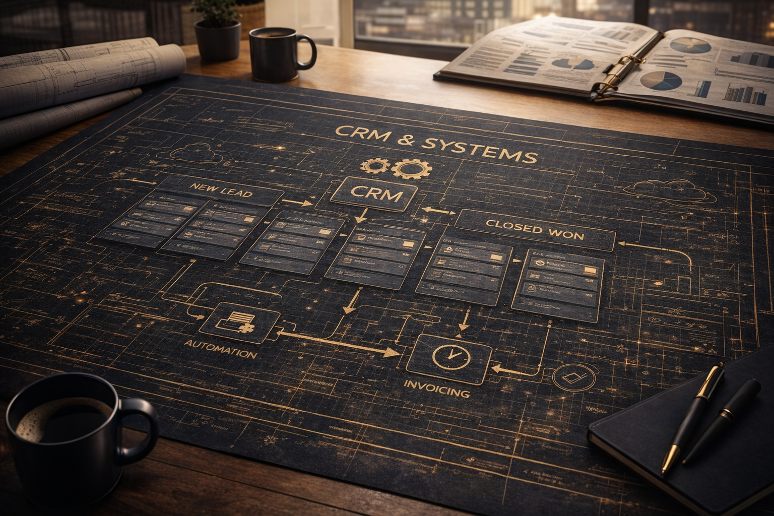 Blueprint of CRM and systems workflow with boxes labeled 'New Lead,' 'CRM,' and 'Closed Won,' on a dark desk with notebooks, pens, a cup of coffee, and documents in the background.