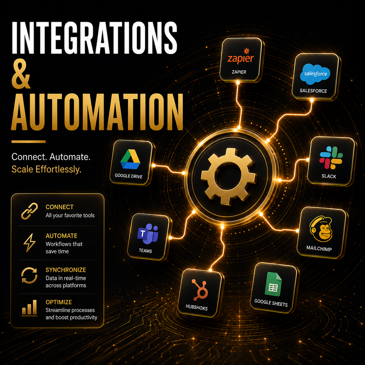 A digital graphic illustrating integrations and automation of various tools around a central gear icon, including Zapier, Salesforce, Slack, Mailchimp, Google Sheets, HubShoks, Teams, and Google Drive, with the words 'Integrations & Automation' and phrases 'Connect. Automate. Scale Effortlessly.' and 'Connect all your favorite tools'.