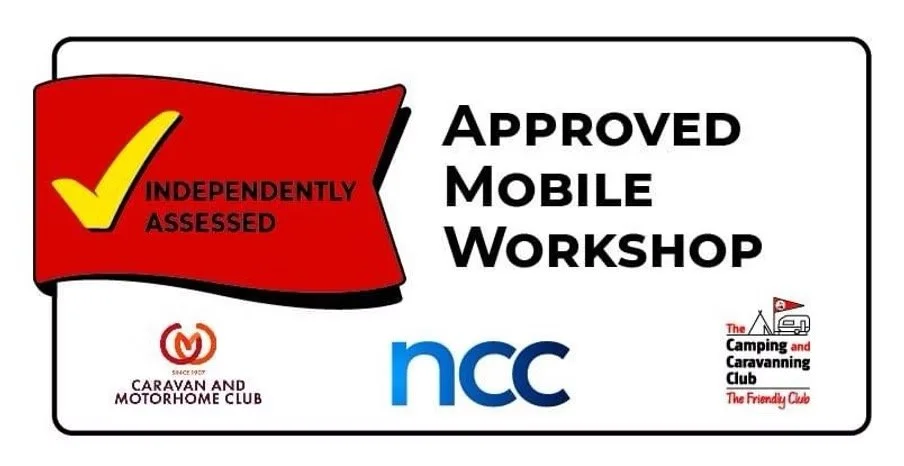 Certificate or badge indicating approval for a mobile workshop, with logos of caravan and motorhome club, NCC, and camping and caravanning club, featuring a red check mark and badges reading 'Independently Assessed' and 'Approved Mobile Workshop'.