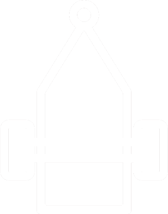 Outline of a pendulum or weight attached to a hanging structure with a rectangular block and circular components.