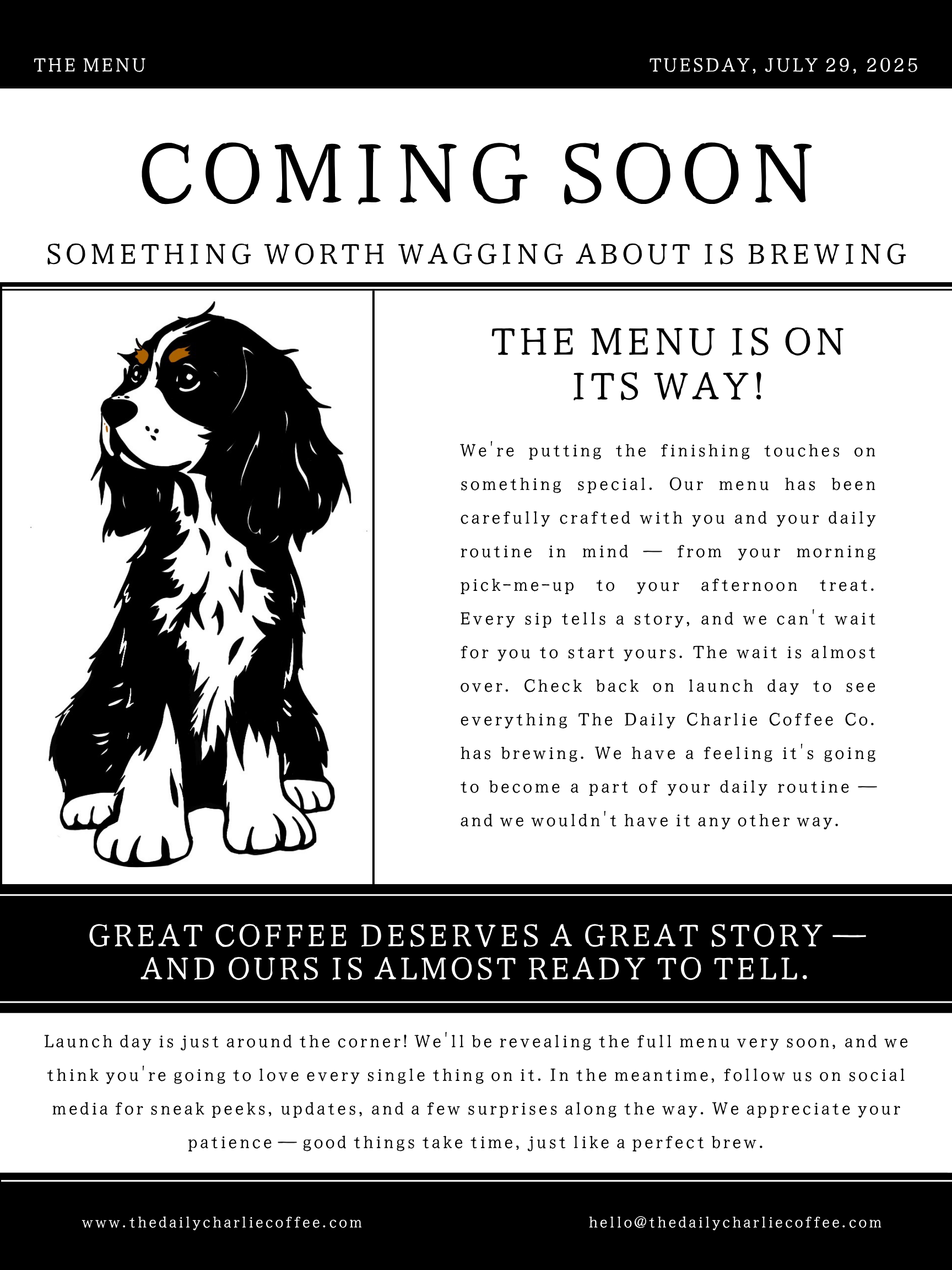 A black and white graphic announcing the launch of a menu for a coffee trailer. It features a drawing of a cocker spaniel. The text indicates the menu is coming soon and emphasizes the importance of coffee.