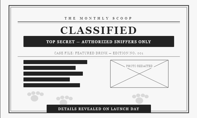 A classified top secret document titled 'The Monthly Scoop' with redacted photo area, depicting some coded information, and a note indicating details revealed on launch day.