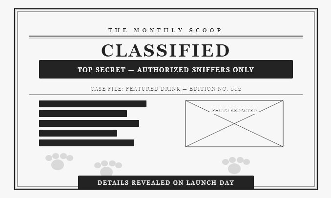 A classified top secret document titled 'The Monthly Scoop' with redacted photo area, depicting some coded information, and a note indicating details revealed on launch day.