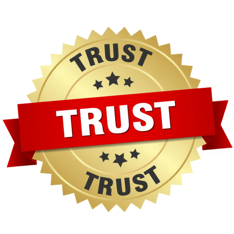 A gold badge with the word "TRUST" in the center on a red banner, surrounded by smaller black stars and the word "TRUST" repeated at the top and bottom.