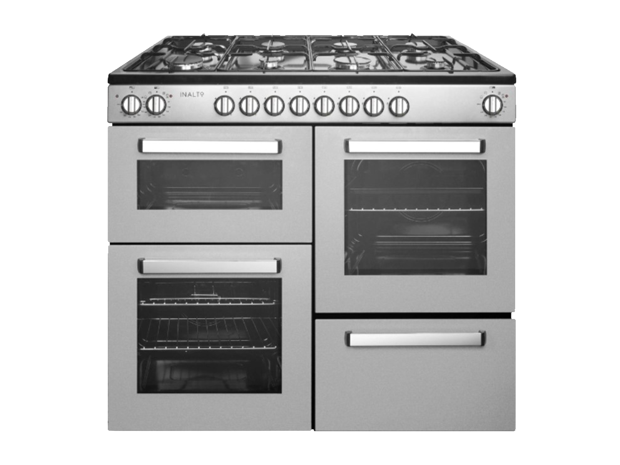 A silver kitchen stove with four gas burners on top, oven and grill doors with glass windows, and control knobs on the front panel.