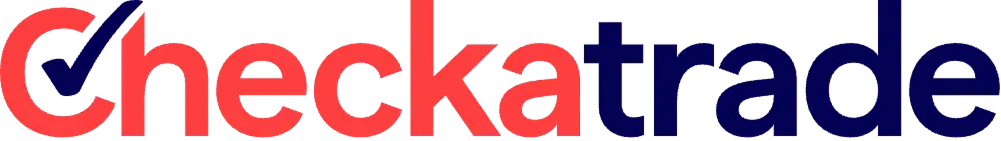 Close-up of a logo with the word 'CheckaTrade' in bold red and blue letters.