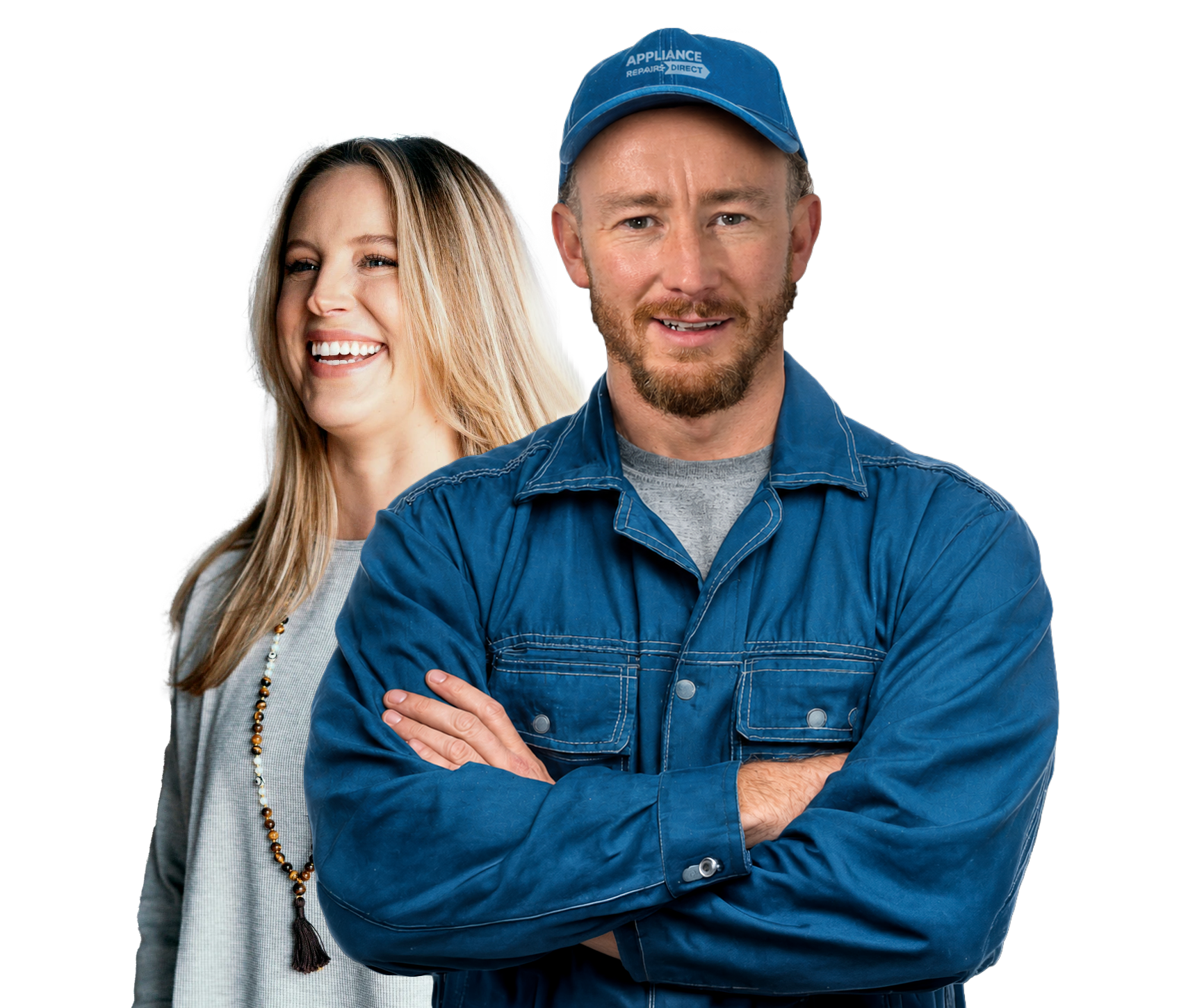 Ian Foulds, founder of Appliance Repairs Direct, and a happy customer smiling, standing close. Ian is wearing a blue cap and a blue denim shirt, with arms crossed. The woman has long blonde hair, wearing a gray top and a beaded necklace.