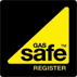Graphic warning with a yellow and black color scheme indicating the need to register with 'Gas Safe' for safety.