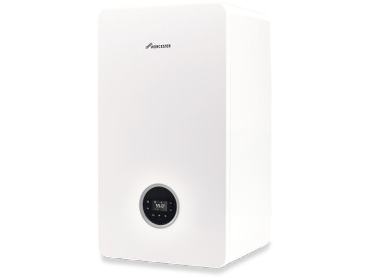 A white Worcester boiler with a circular digital display on the front