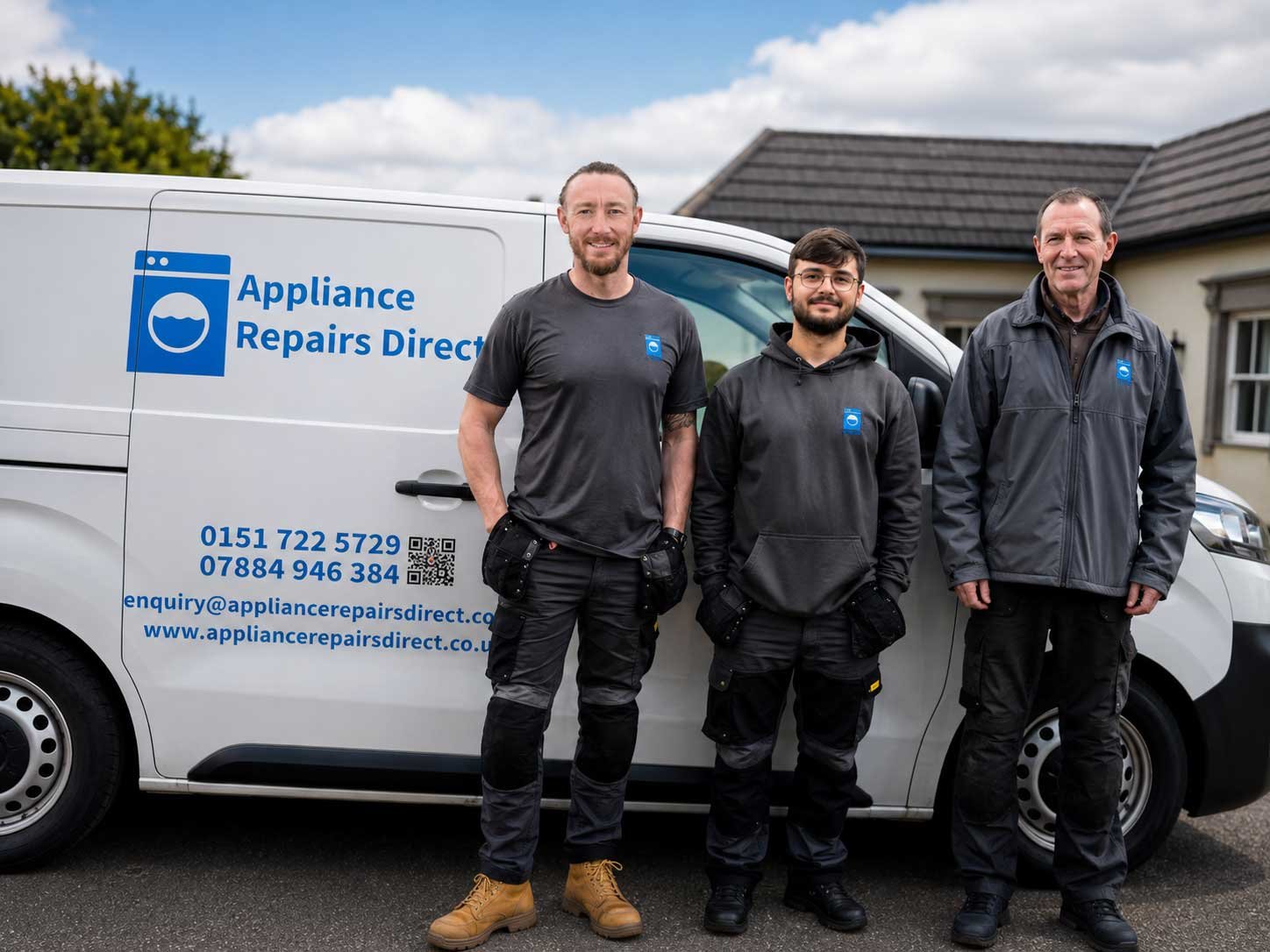 Three repair technicians standing in front of a white van with 'Appliance Repairs Direct' logo and contact information, outdoors with a house and cloudy sky in the background.