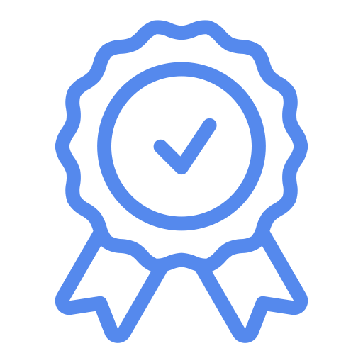 Blue outline of a certification ribbon with a check mark in the center.