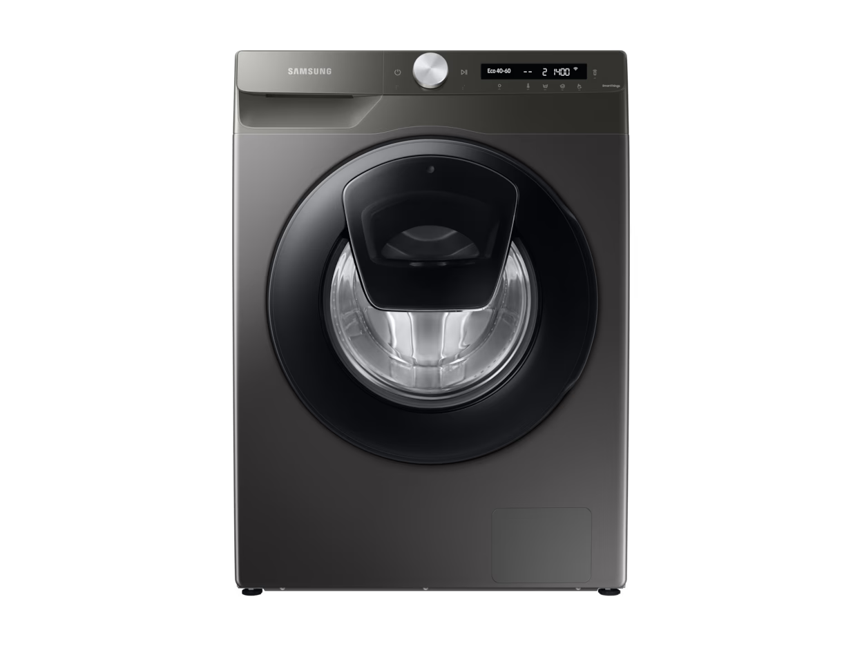A front-loading Samsung washing machine with a digital control panel.