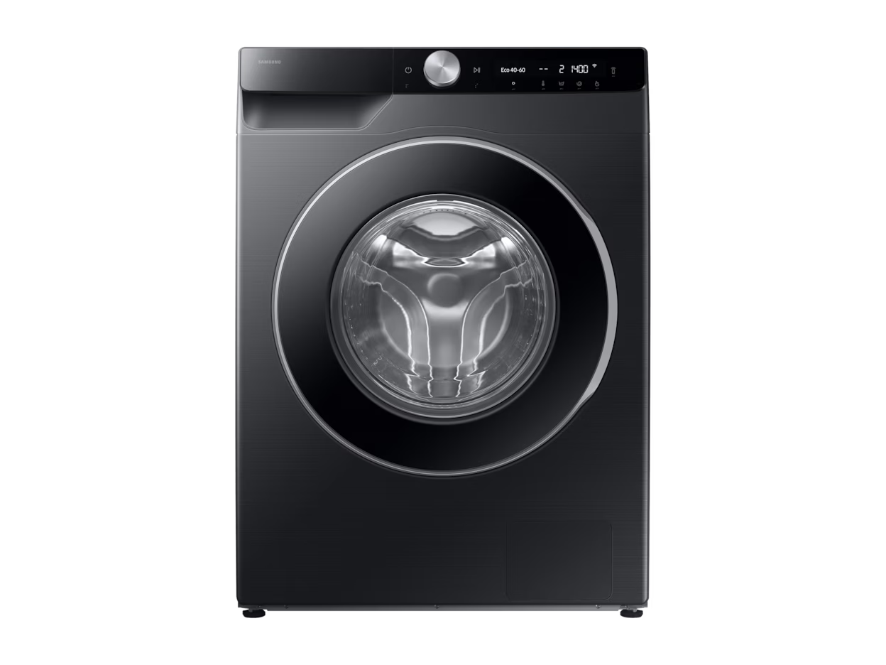 Front view of a black front-loading washing machine with digital display and control knob.