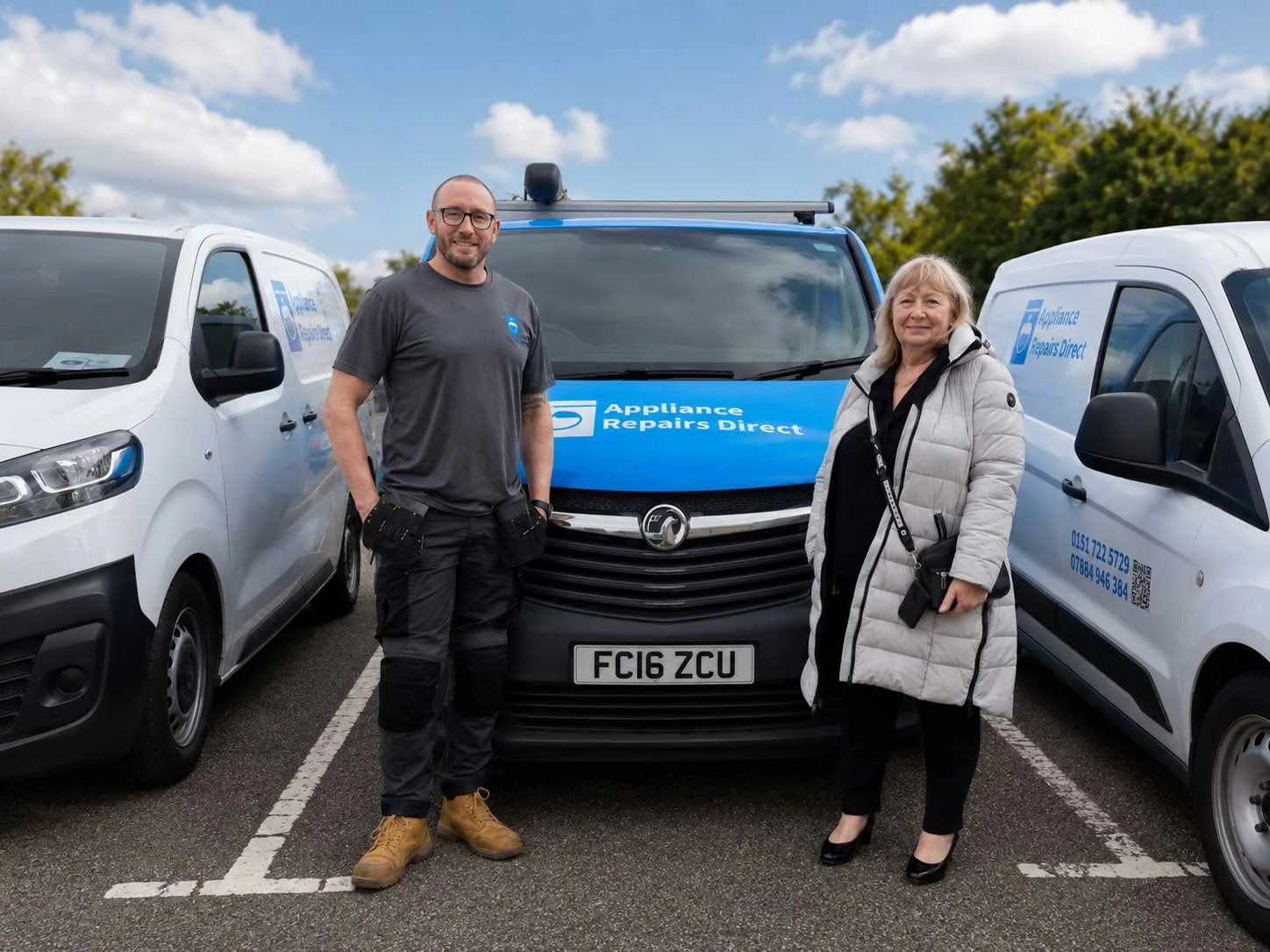 Two people standing in a parking lot between three white vans with blue signage for Appliance Repairs Direct. The man on the left wears glasses, a dark gray t-shirt, black pants, and tan work boots. The woman on the right wears a light gray winter coat, black shoes, and holds a purse. Behind them are two trees and a partly cloudy sky.