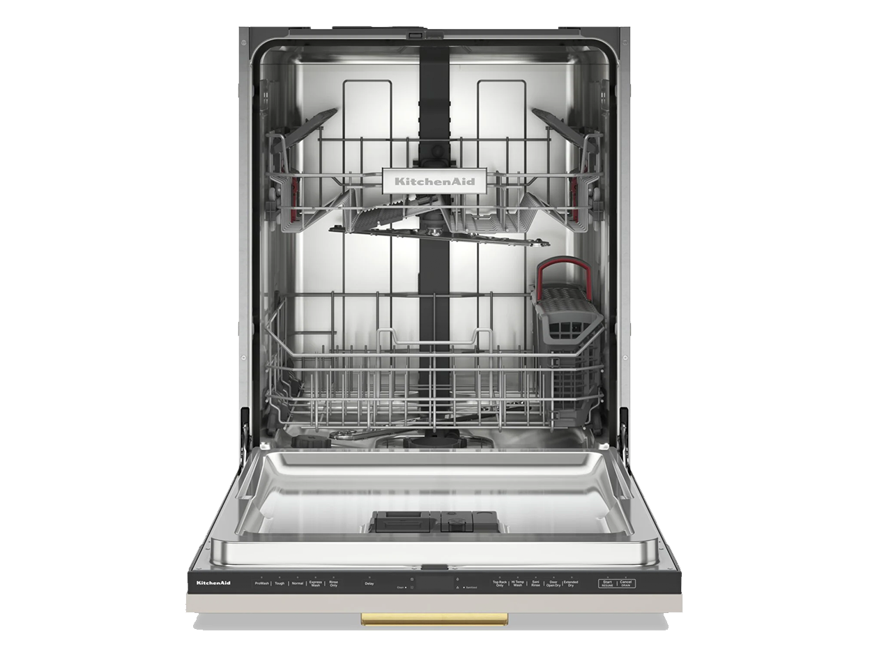 Open stainless steel KitchenAid dishwasher with empty racks and controls on the front panel.