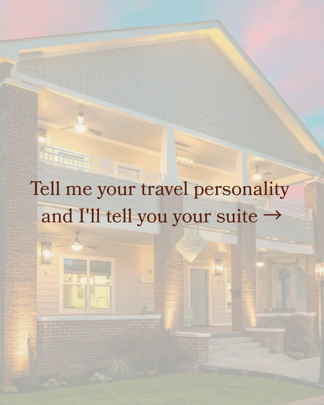 Travel personality test ✨

Tell me who you are and I&rsquo;ll tell you your Victoria House suite:

🌄 I wake up early on vacation &rarr; The Smokies
🦋 I romanticize everything &rarr; The Butterfly
🌈 I love nostalgia and stories &rarr; Coat of Many 